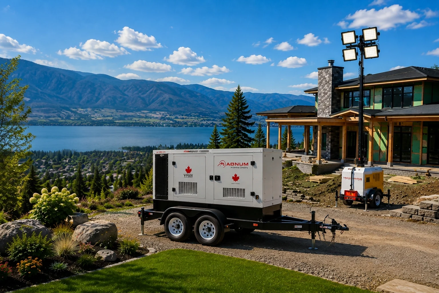 Towable generator and LED light tower at an Okanagan construction site above the lake